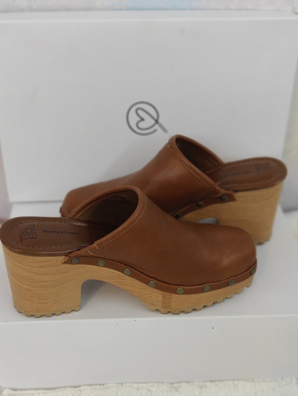 Time and Tru Chestnut Brown Leather Clog Mules with Wood Heel